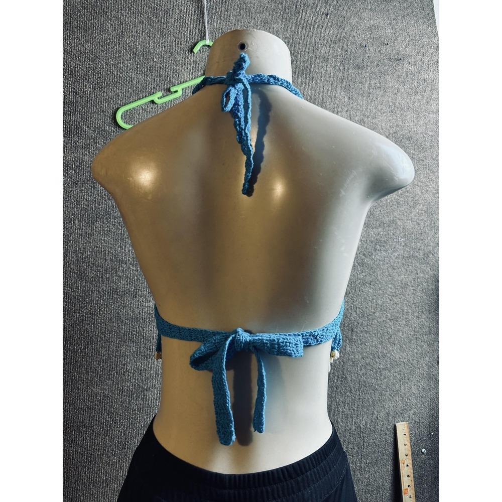 Tank Womens S Blue Cropped Crochet Halter V-Neck Fringe Beaded Cowrie Shells - Picture 3 of 4